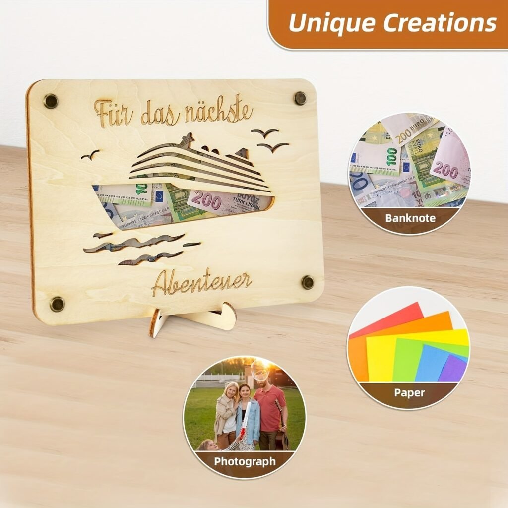 Wooden cruise travel money gift holder with stand for vacation fund savings and cash gift display