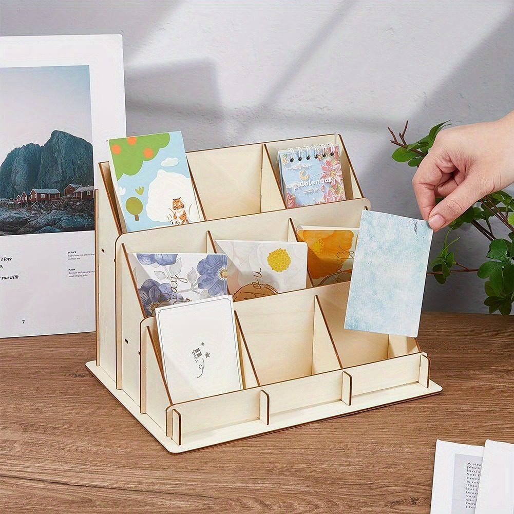 Wooden desktop card organizer with multi-slot display for business cards notes photos and office storage