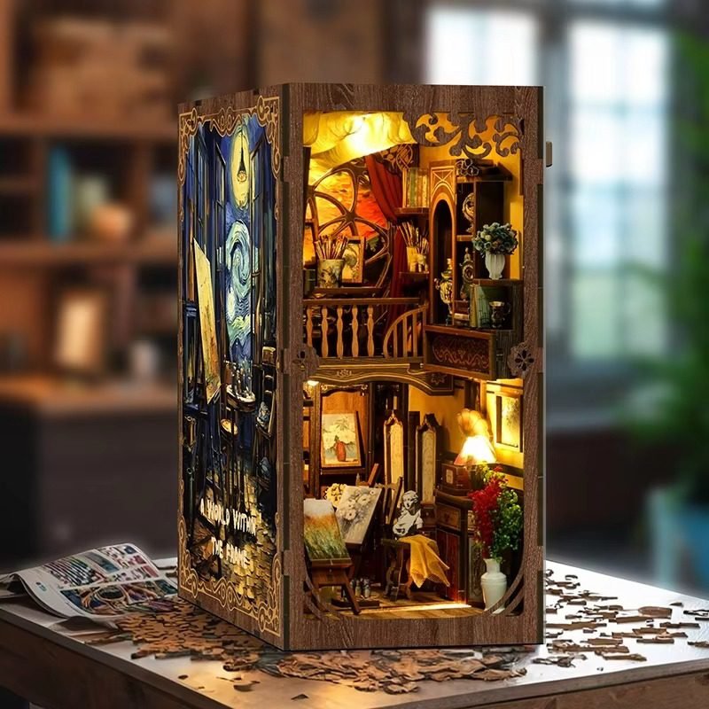 Wooden DIY book nook miniature kit with LED light and art studio scene for bookshelf insert decor
