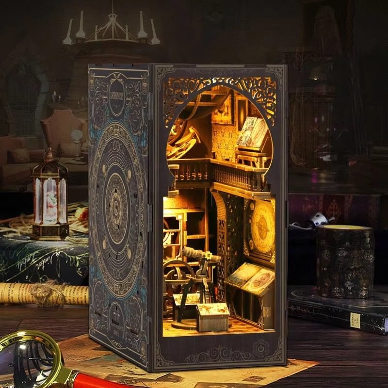 Wooden DIY astronomy book nook miniature kit with LED light and astrolabe study room scene for bookshelf decor