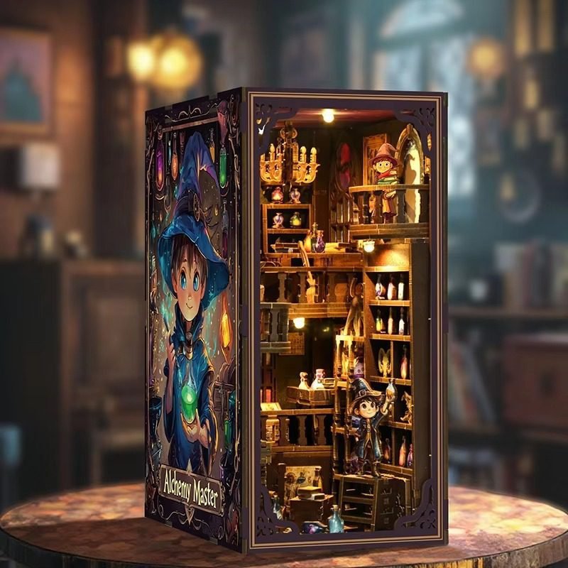 Wooden DIY book nook miniature kit with LED light and alchemy magic room design for bookshelf insert decor