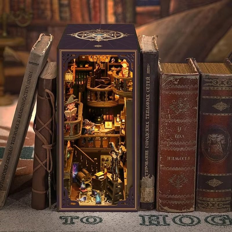 LED wooden book nook bookend with alchemy shelves bottles and fantasy workshop scene for collectors