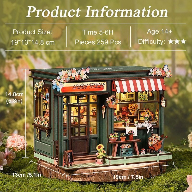 Wooden DIY miniature flower shop model kit with LED lights for dollhouse assembly and creative gift decor