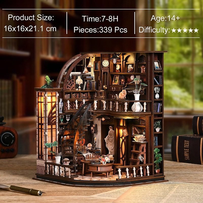 Wooden DIY miniature library house kit with LED lighting, multi-level study room dollhouse model for premium gifts