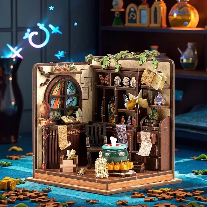 Wooden DIY miniature magic house with LED lighting, fantasy alchemy house model for collectible gifts and OEM customization