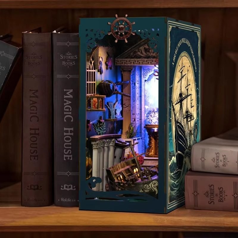 Wooden DIY nautical book nook miniature kit with LED light and ship explorer scene for bookshelf insert decor
