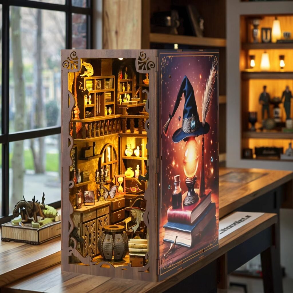 Wooden DIY wizard book nook with LED lighting, magic potion room miniature for bookshelf decor and OEM customization