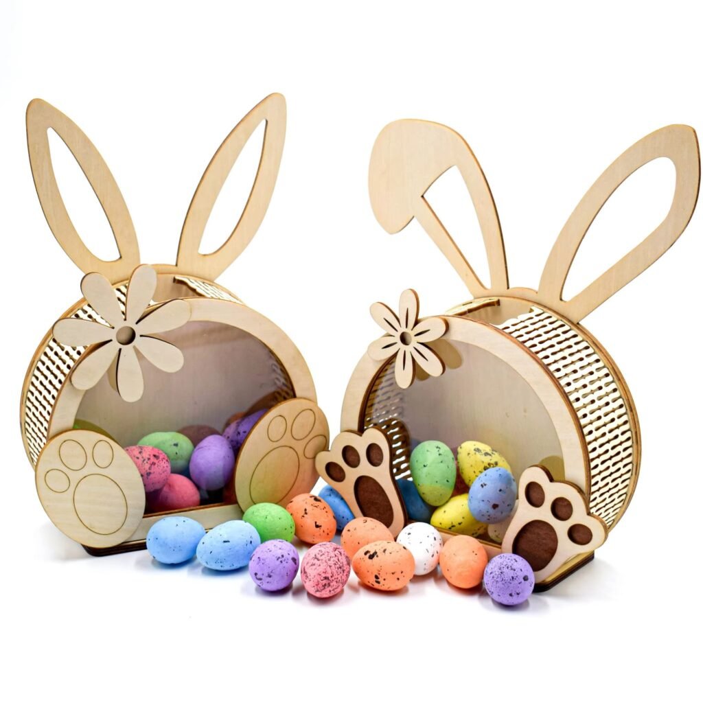 Wooden Easter bunny egg holder basket with acrylic window for candy display and festive gift packaging