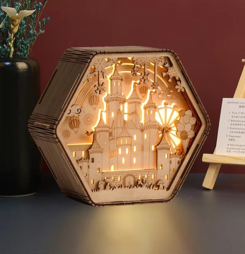 Wooden fairy tale castle paper cut light box with warm LED lighting for decorative shadow box night light