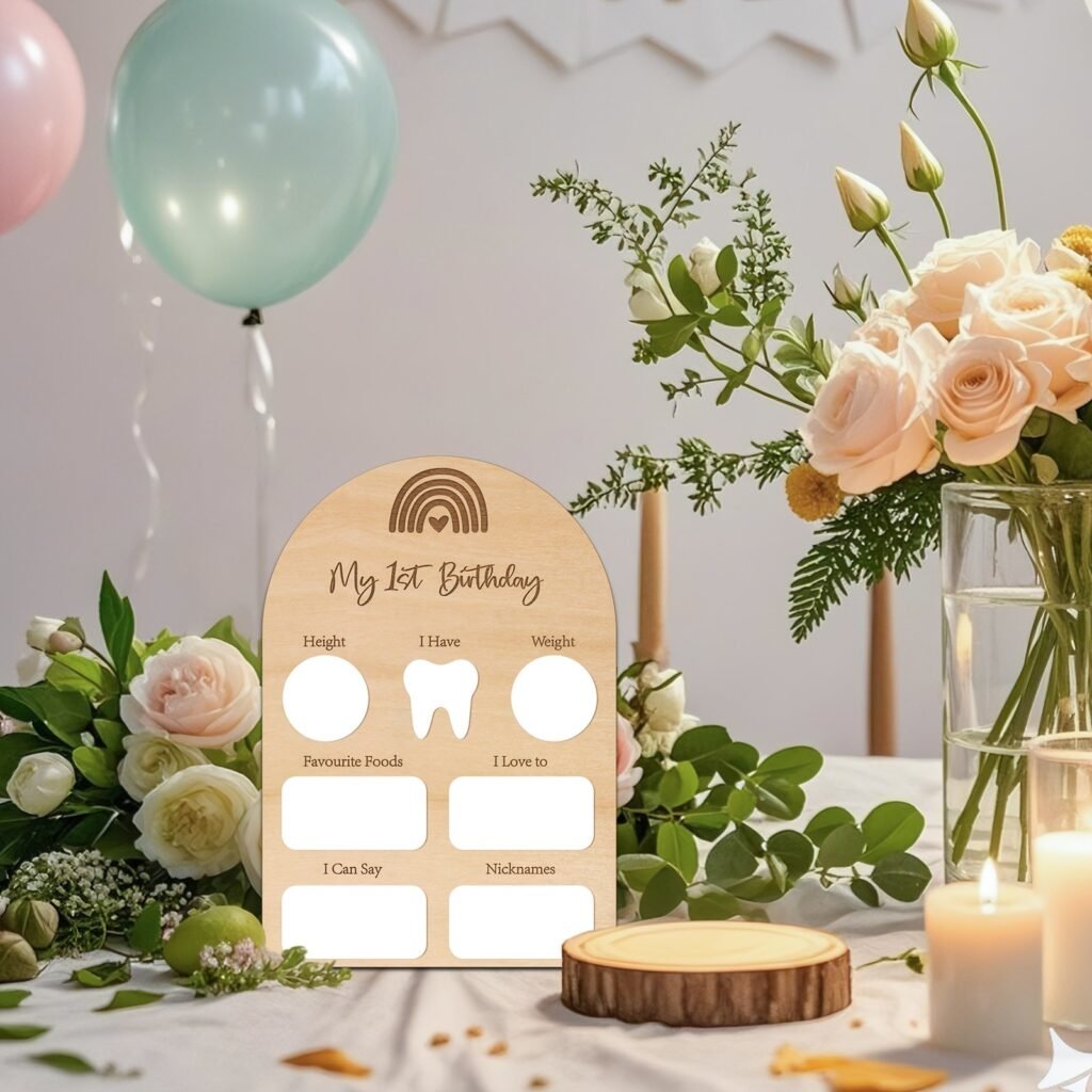Wooden first birthday milestone board for baby photo props and kids birthday party decoration