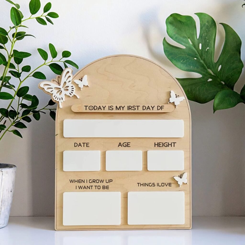 Wooden first day of school milestone board with dry erase areas