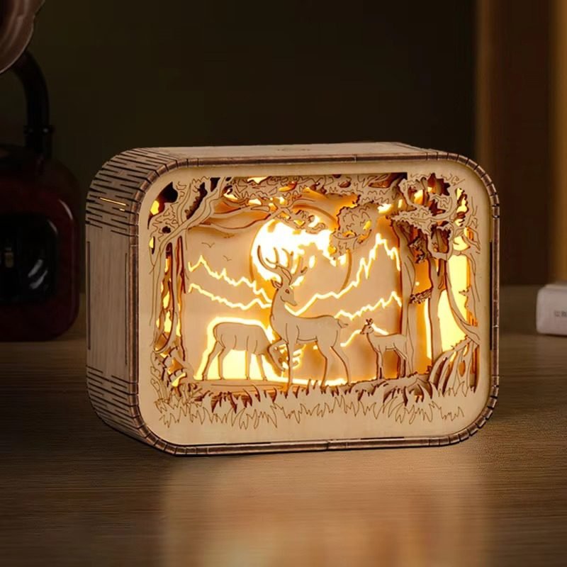 Wooden forest deer paper cut light box with warm LED lighting for decorative shadow box night light