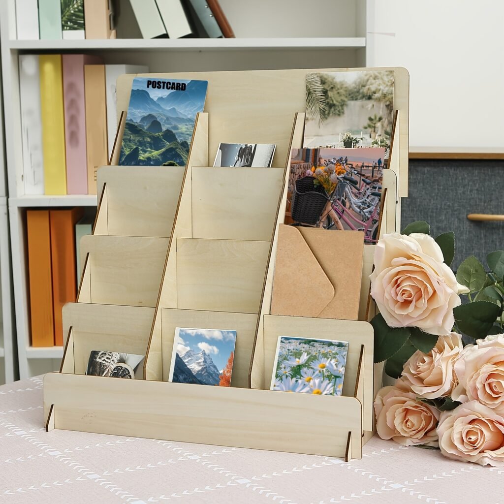 Wooden greeting card display rack with multi tier organizer