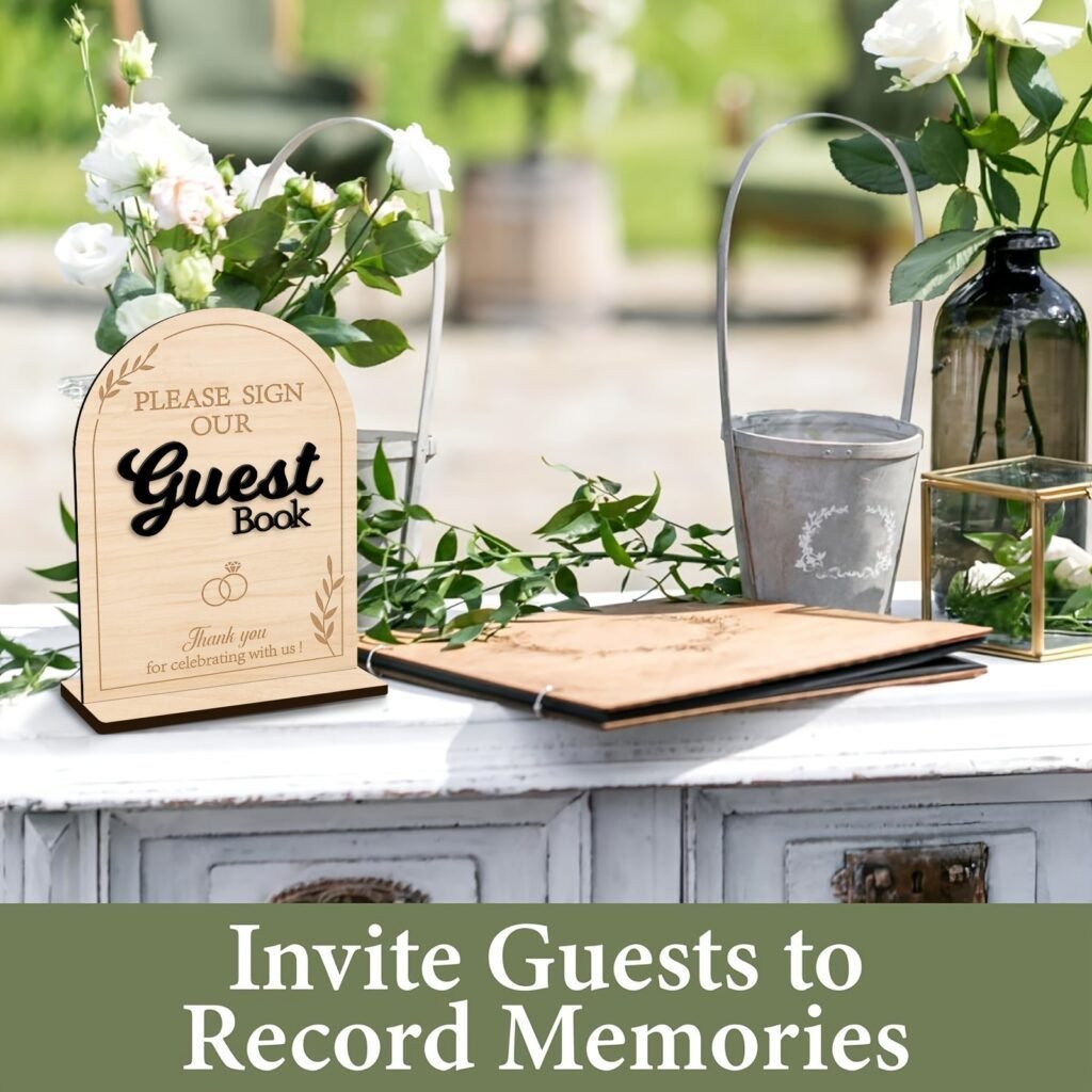 Wooden guest book wedding table sign with stand