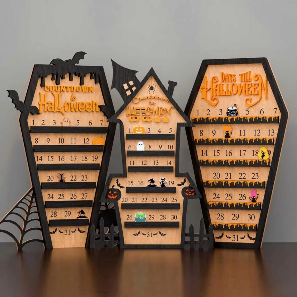 LED wooden Halloween countdown calendar set with coffin haunted house and geometric laser cut designs