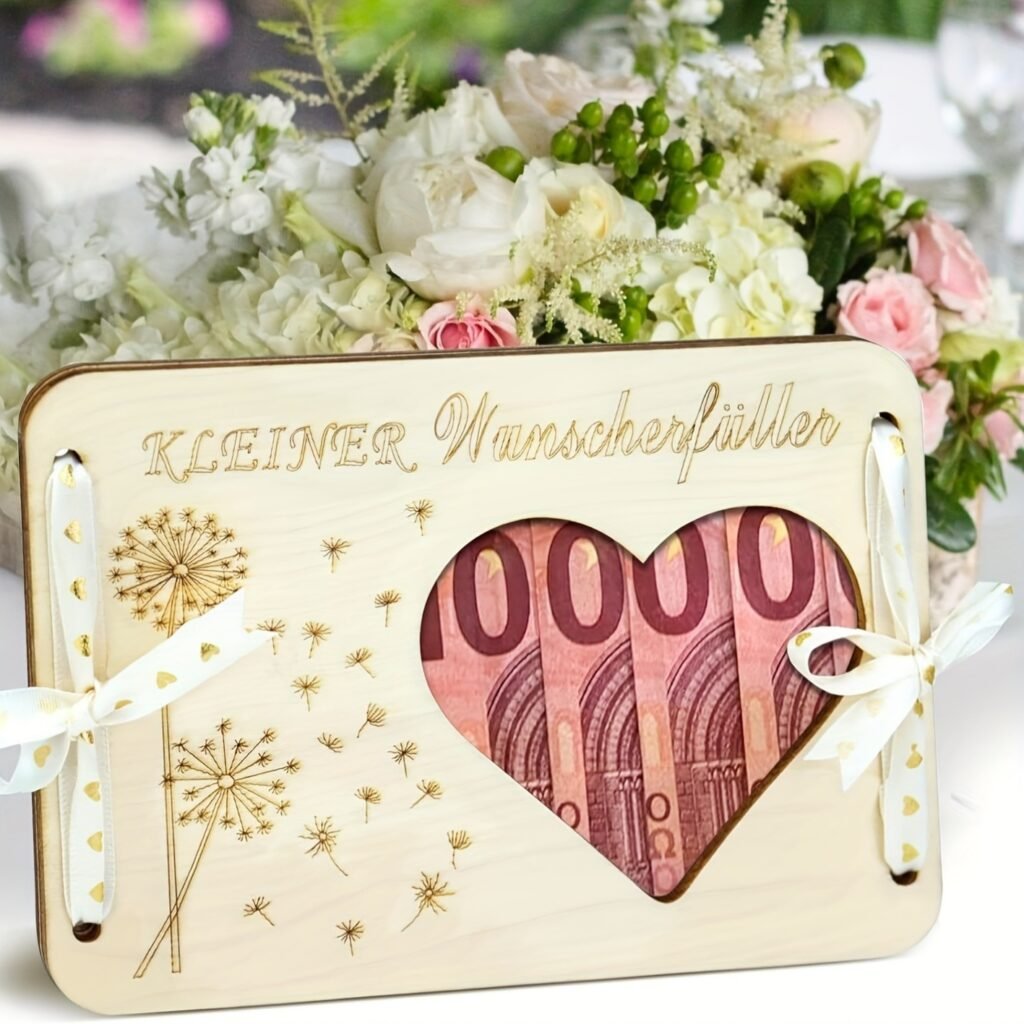 Wooden heart money gift holder with ribbon ties