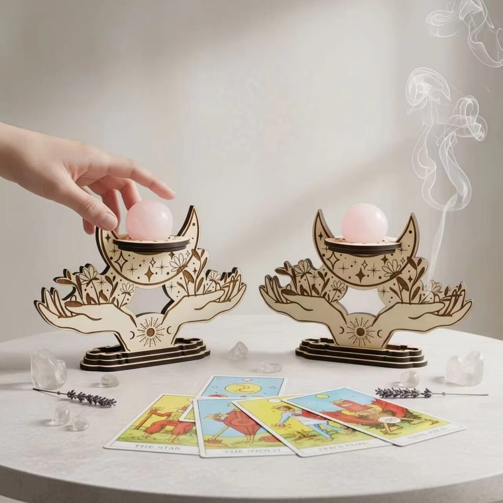 Custom wooden tarot crystal ball display stand with engraved celestial artwork for spiritual décor and OEM wholesale