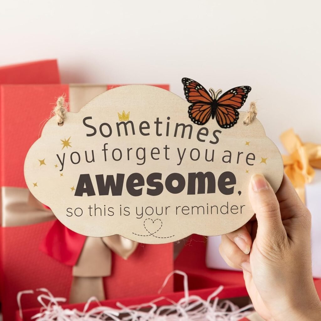 Wooden motivational hanging sign with butterfly design