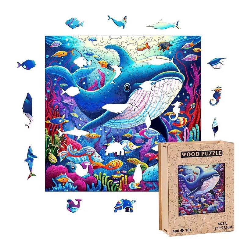 Wooden ocean animal jigsaw puzzle with whale theme and shaped pieces for kids educational play