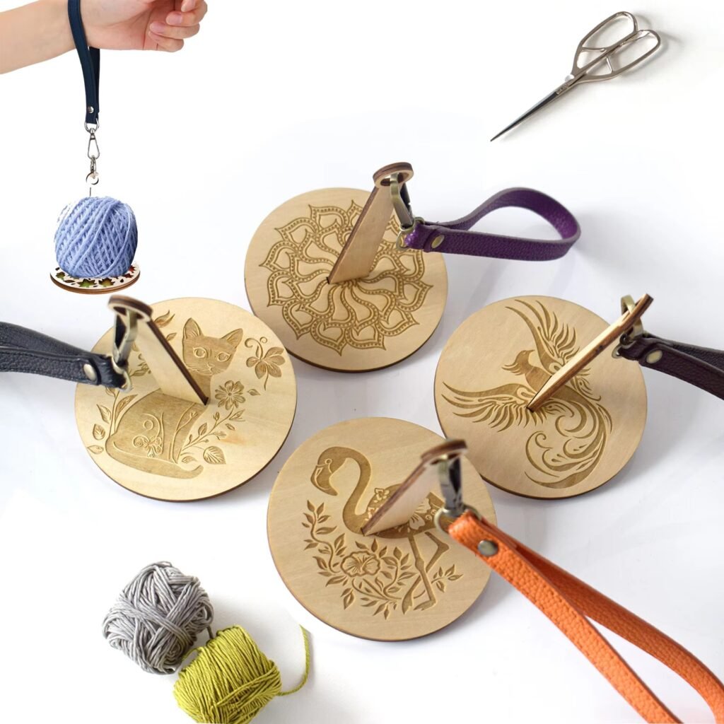Wooden portable yarn holder with wrist strap for crochet knitting and handmade yarn craft projects
