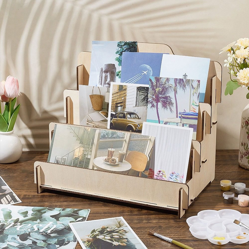 Wooden postcard display rack with tiered multi-slot organizer for greeting cards postcards and retail display