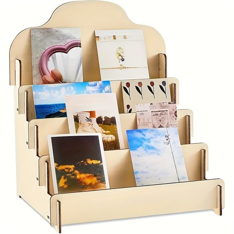 Wooden postcard display stand with multi tier card holder