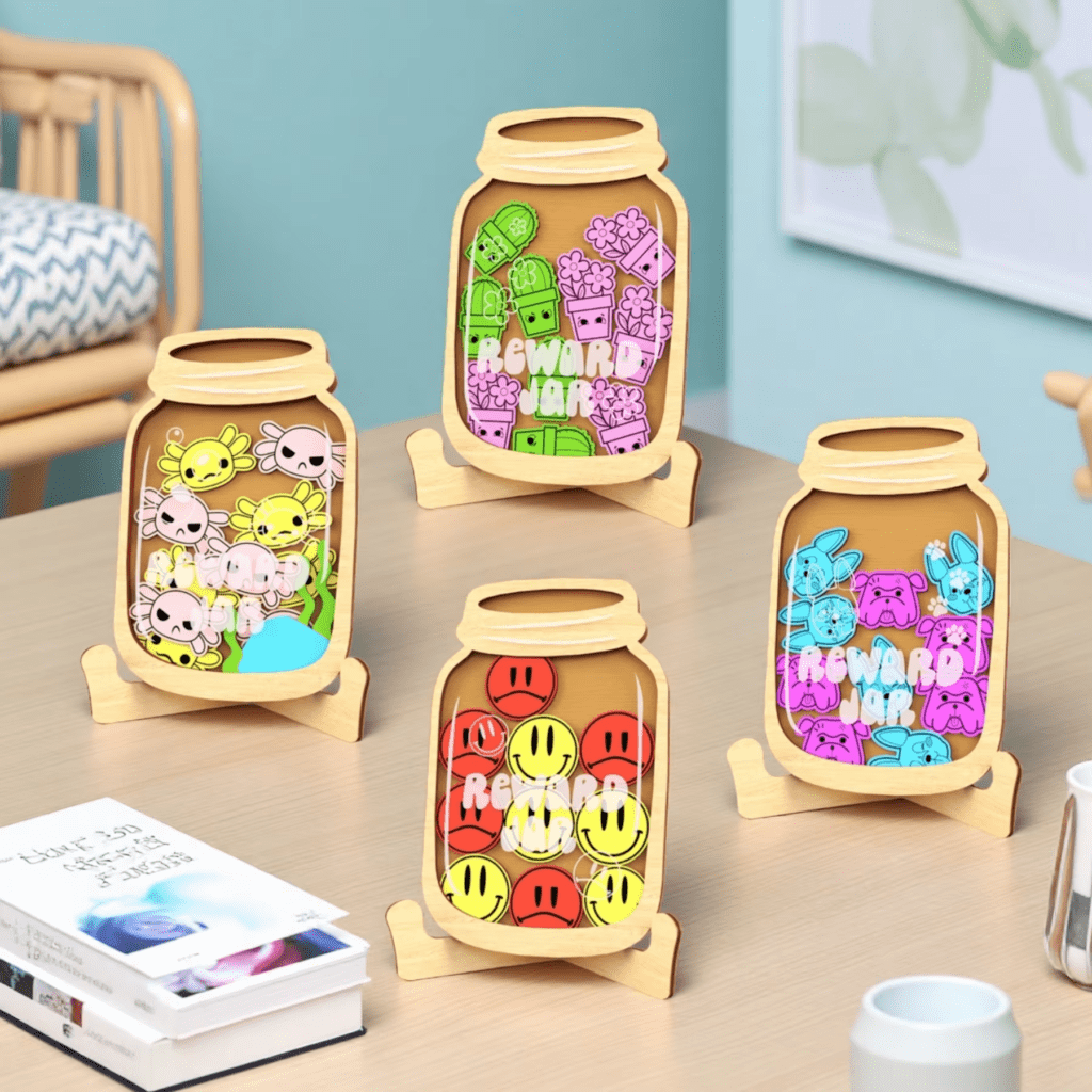 Wooden reward jar token holder for kids classroom motivation behavior tracking and positive learning activities