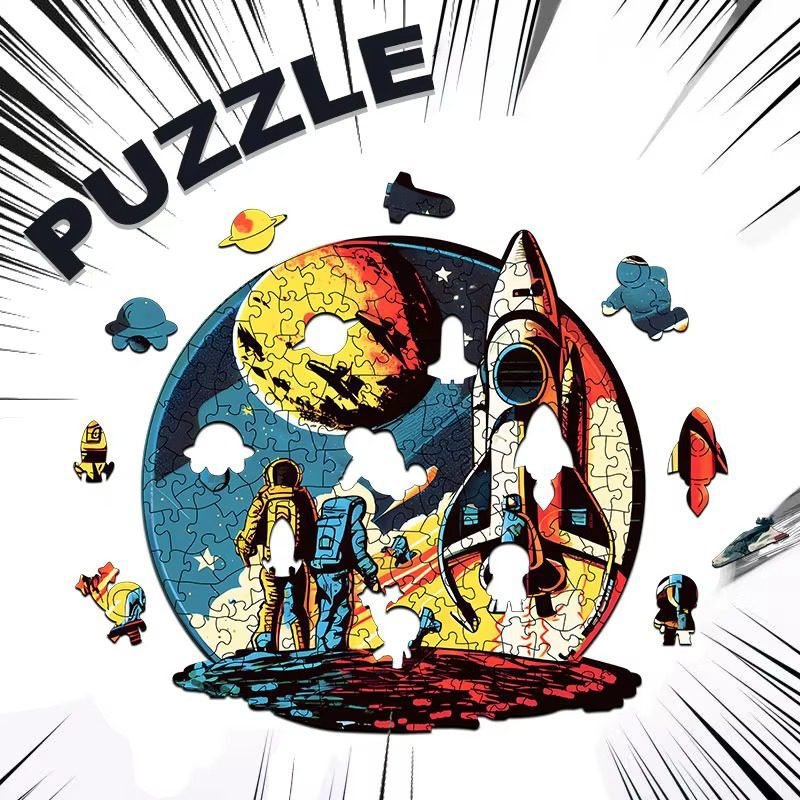 Wooden space-themed jigsaw puzzle with rocket and astronaut shaped pieces, STEM educational puzzle for kids