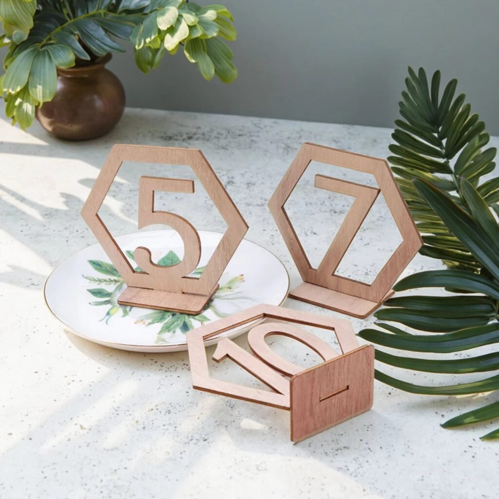 Wooden table numbers for wedding reception table decor and elegant event seating display