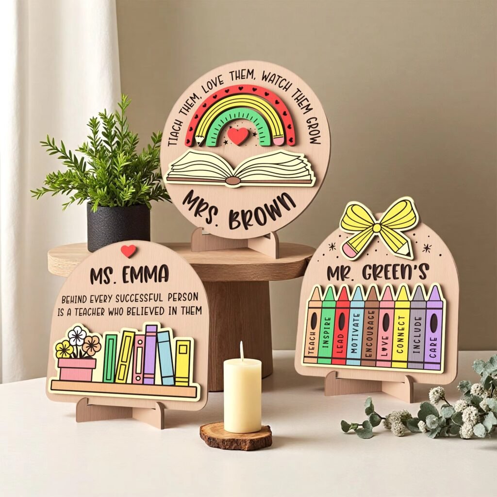 Wooden teacher appreciation plaque with custom teacher name for thank you gift and classroom decor