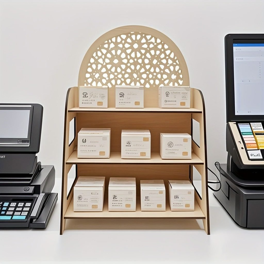 Wooden tiered display shelf with laser cut arch back panel