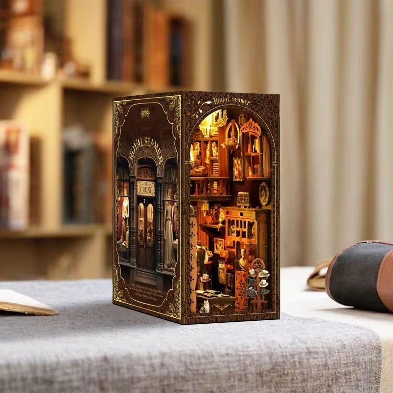 Wooden DIY vintage book nook miniature kit with LED light and hidden library scene for bookshelf insert decor