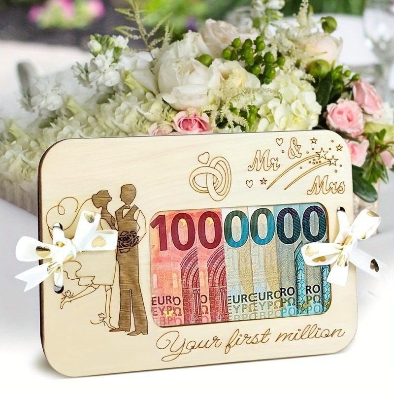 Wooden wedding money gift holder for Mr and Mrs with laser cut design for cash and gift card presentation