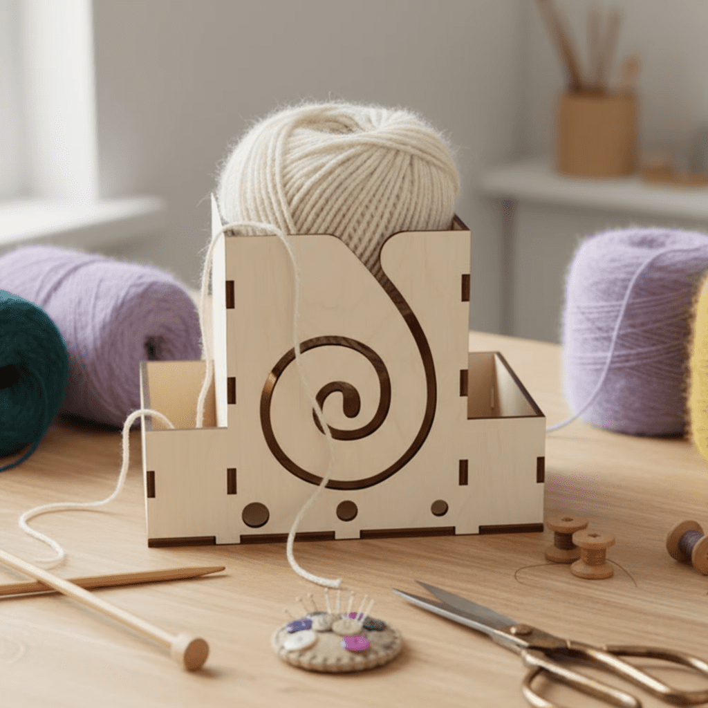 Wooden yarn storage organizer for crochet knitting supplies yarn balls needles hooks and craft tools