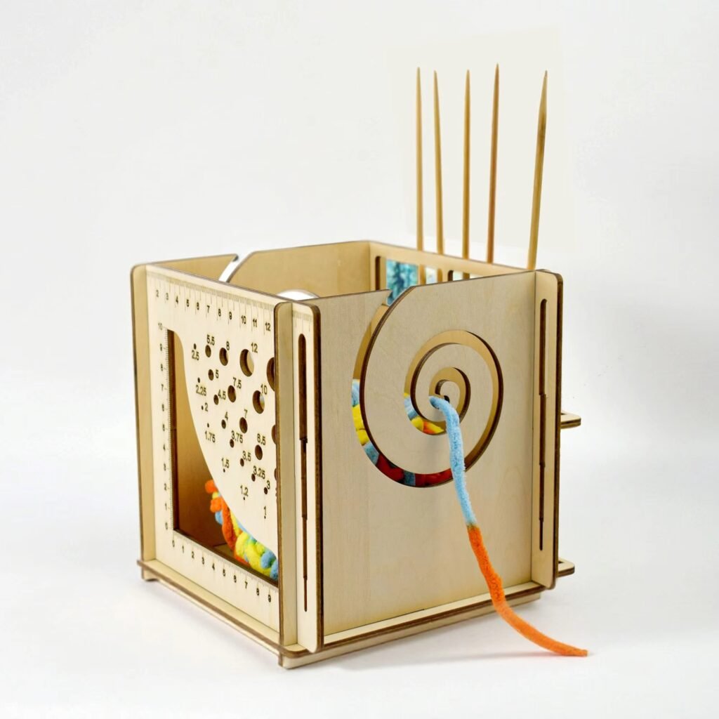 Wooden yarn storage organizer with knitting needle holder