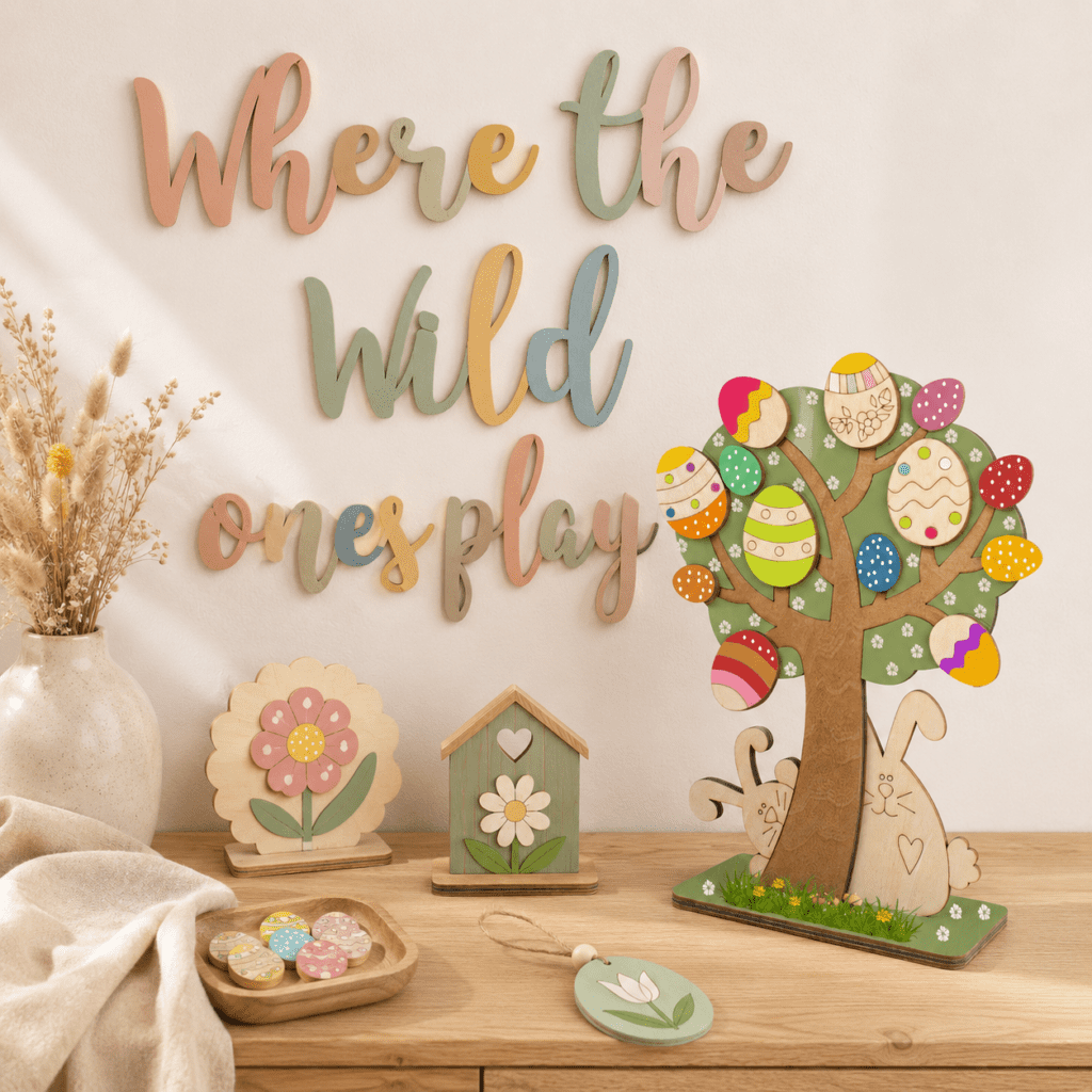painted wooden crafts with custom colors and natural wood finishes