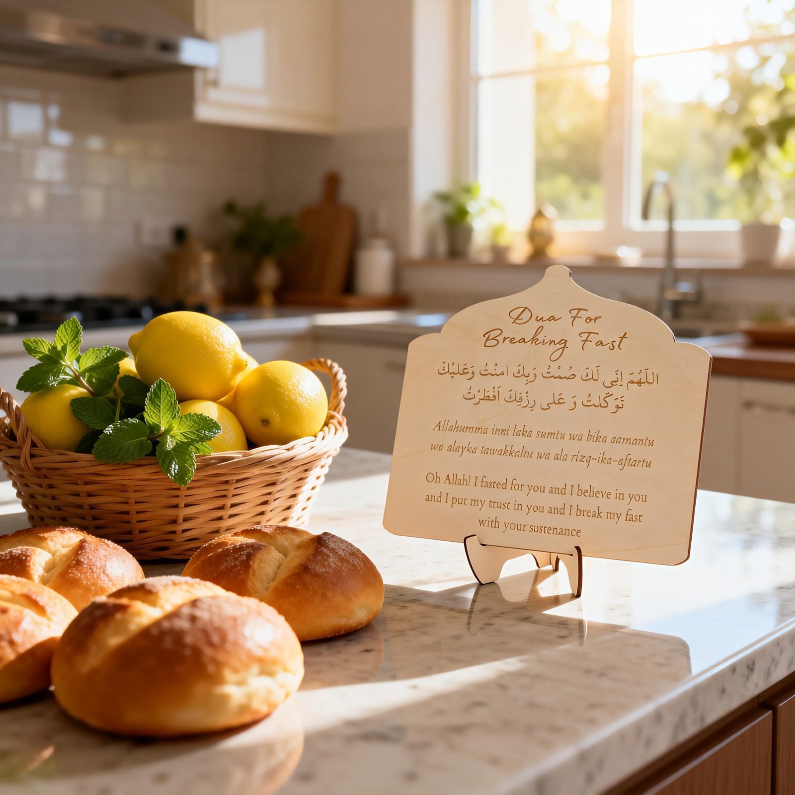 Natural wood Ramadan prayer sign for kitchen decor