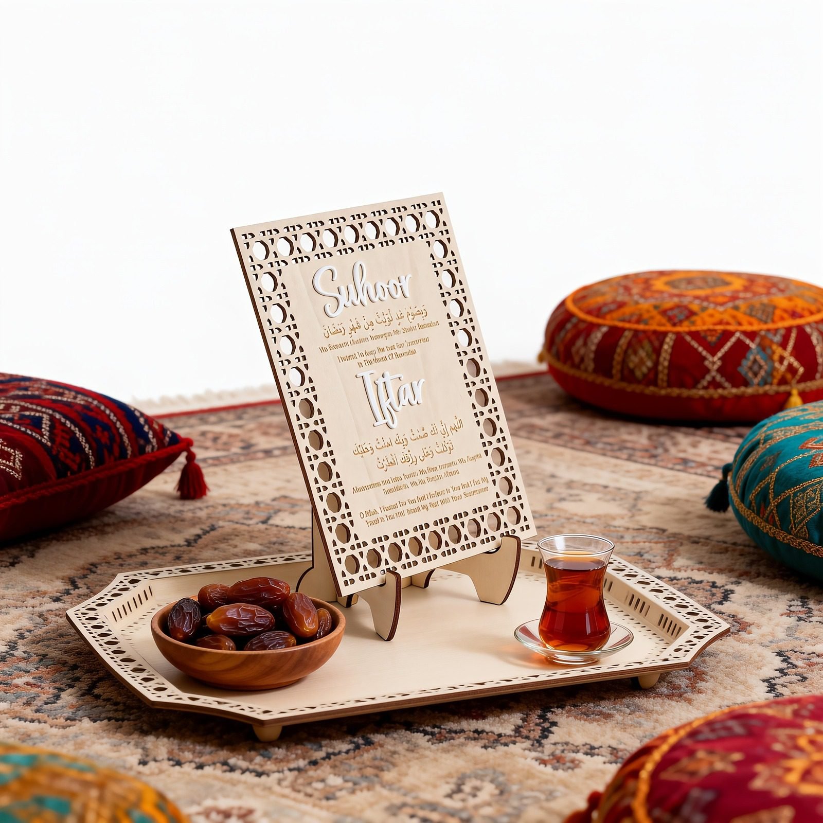 Ramadan Dua wooden table sign with geometric cutout border