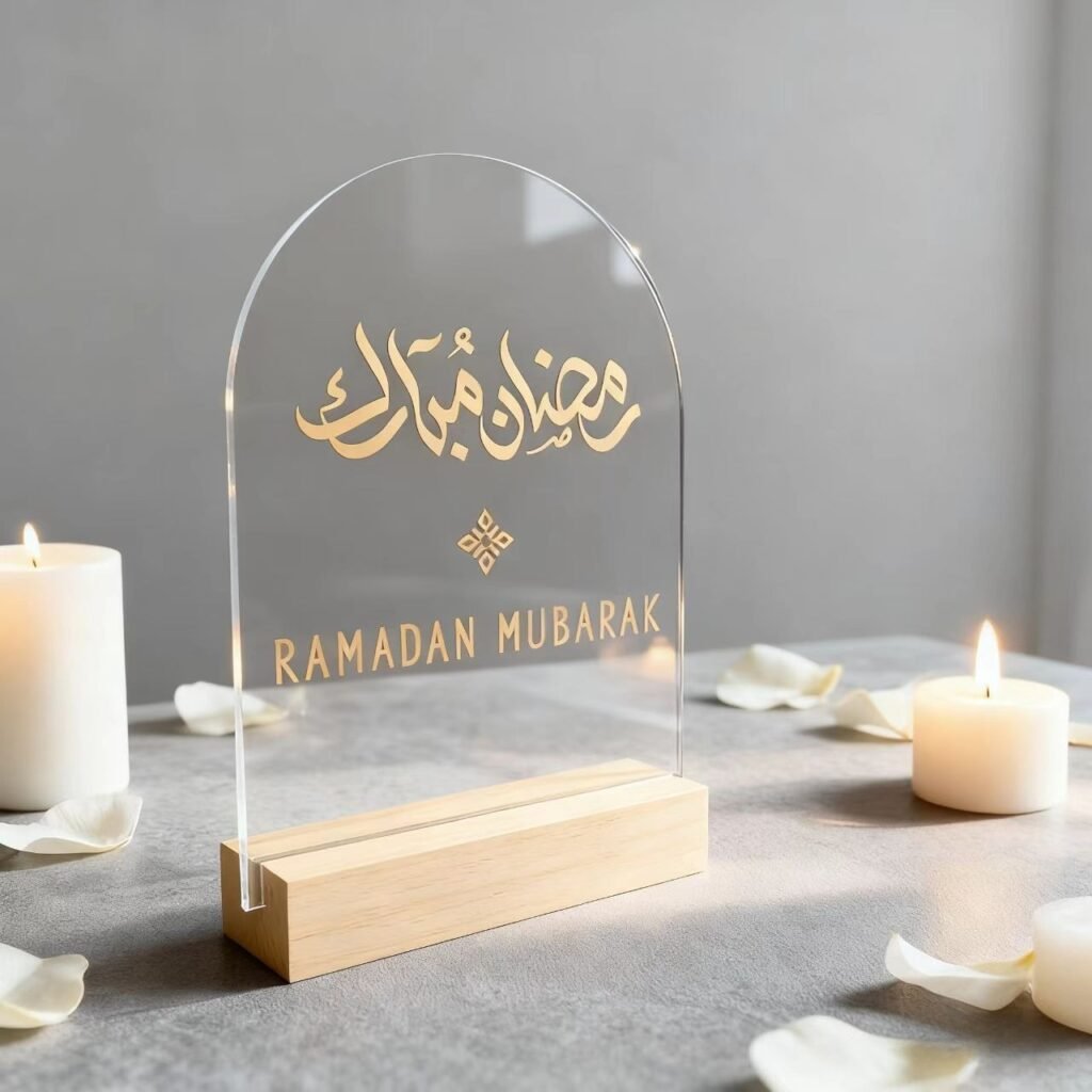 Ramadan Mubarak acrylic table sign with wooden base