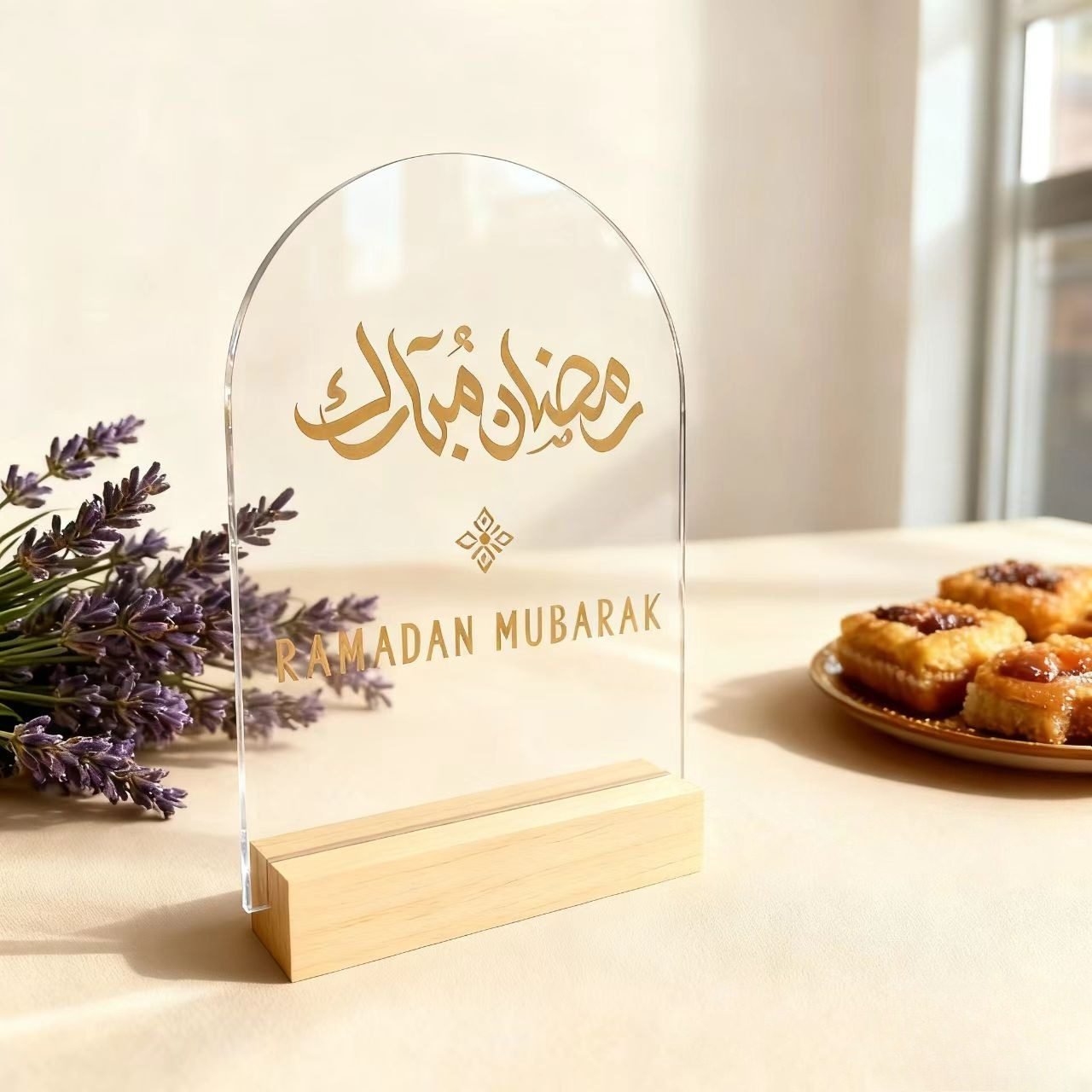 Custom Ramadan Mubarak acrylic table sign for wholesale buyers