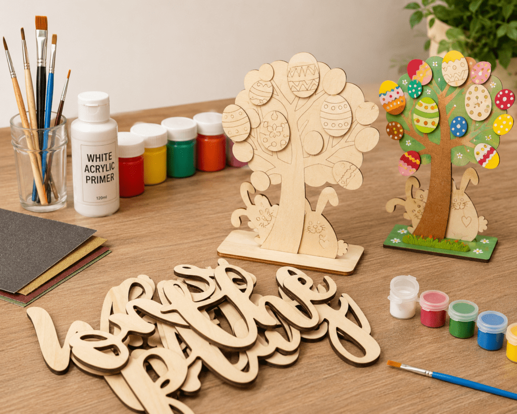 tools and materials for painting wooden crafts