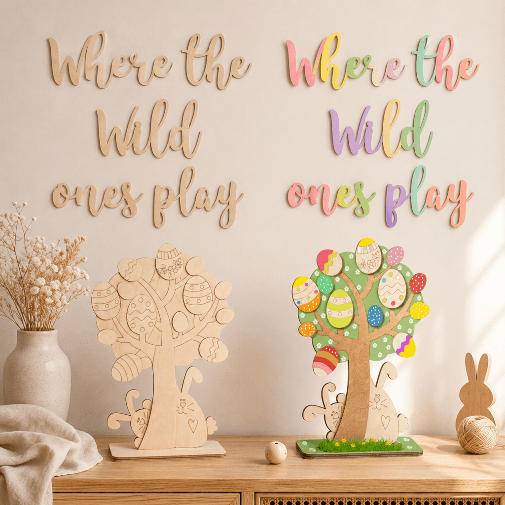unfinished wooden craft before and after painting