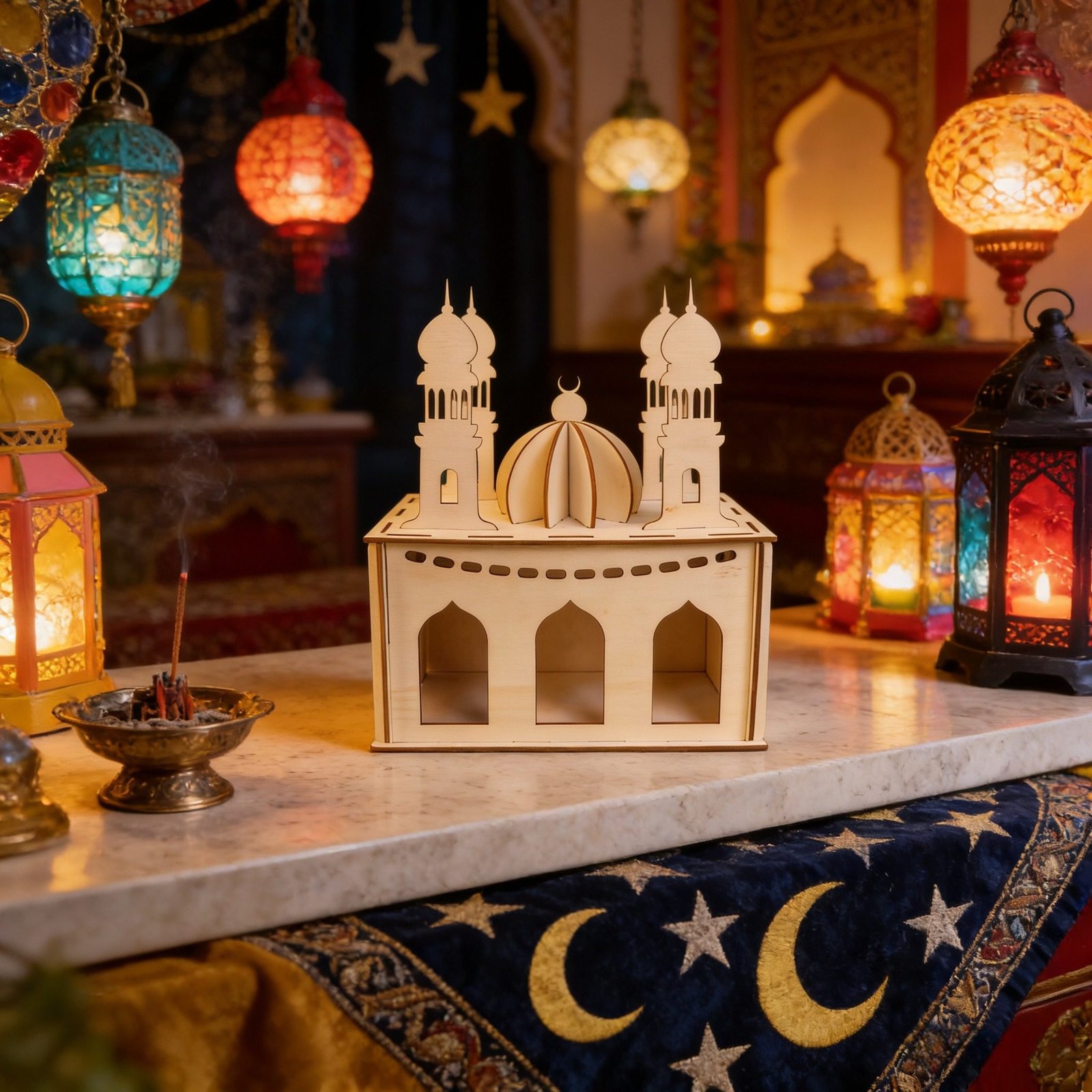 3D wooden mosque centerpiece for Ramadan table decor