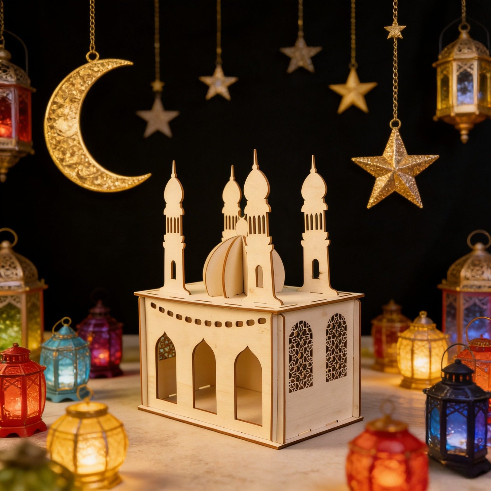 Laser cut Islamic wooden mosque decoration with dome and minarets