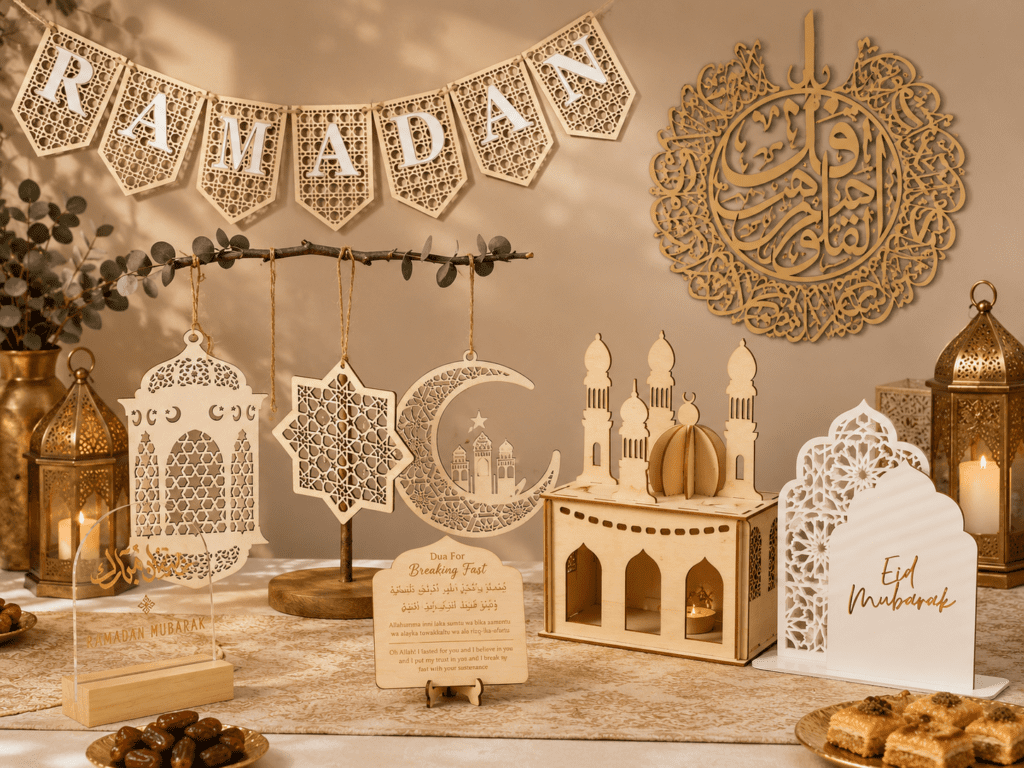 wooden Eid Mubarak ornaments and gift tags bulk order