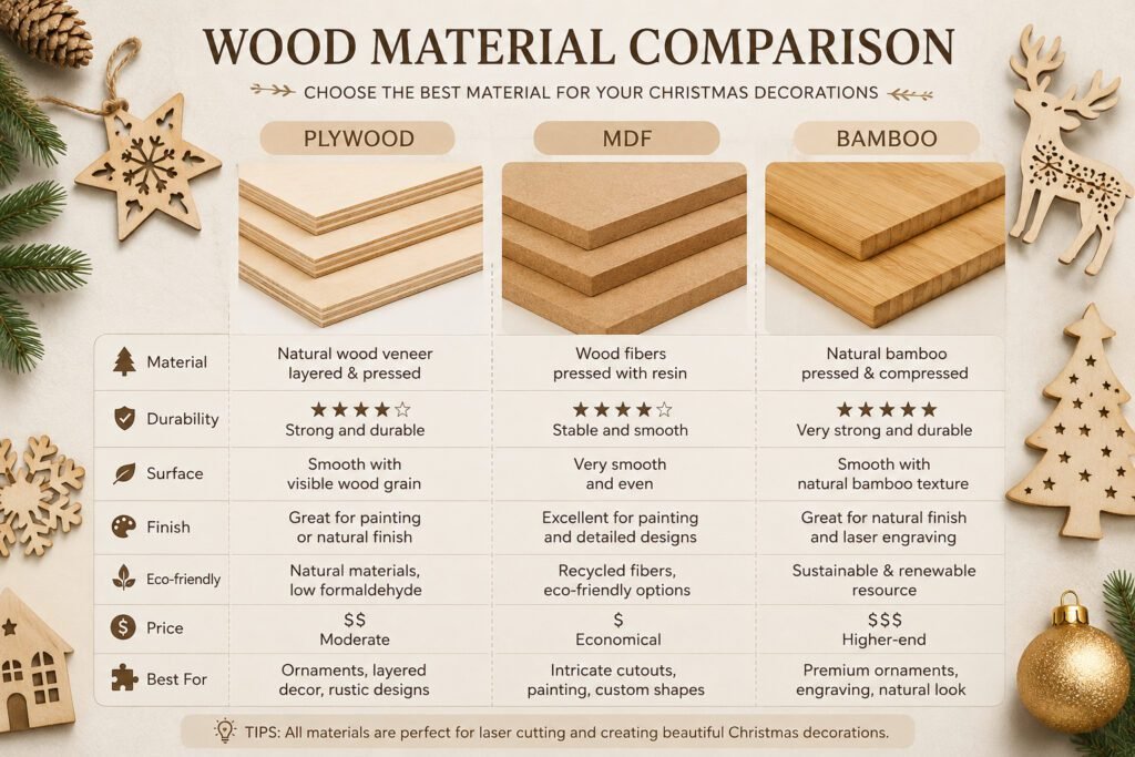 Material comparison for custom laser cut wooden Christmas decorations