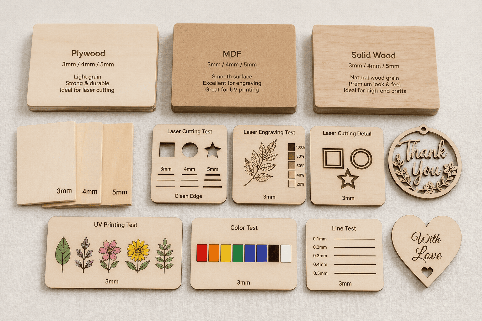 Wooden craft material samples with laser engraving and UV printing tests