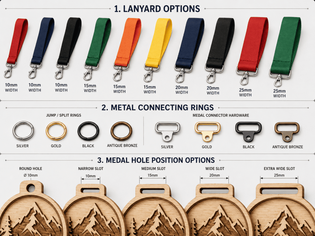 Custom ribbons and metal attachments for wooden medals