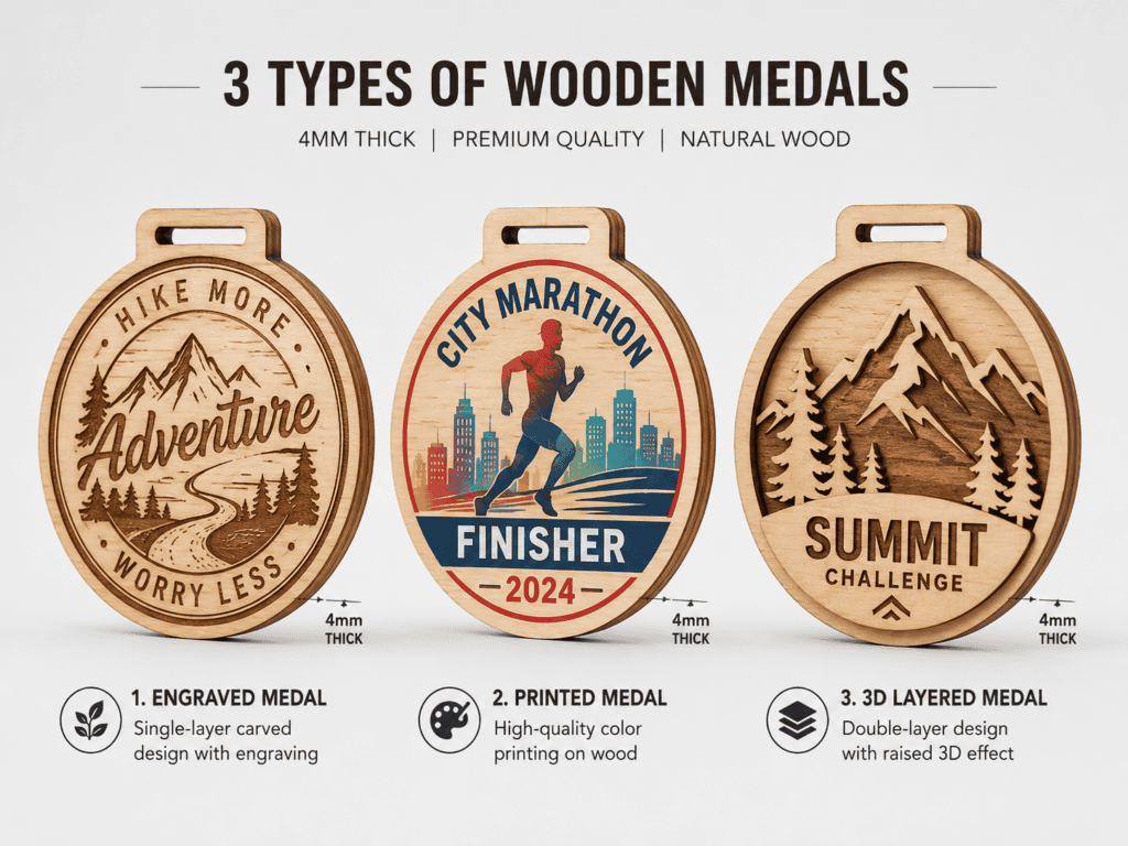 Single layer printed and layered custom wooden medal designs