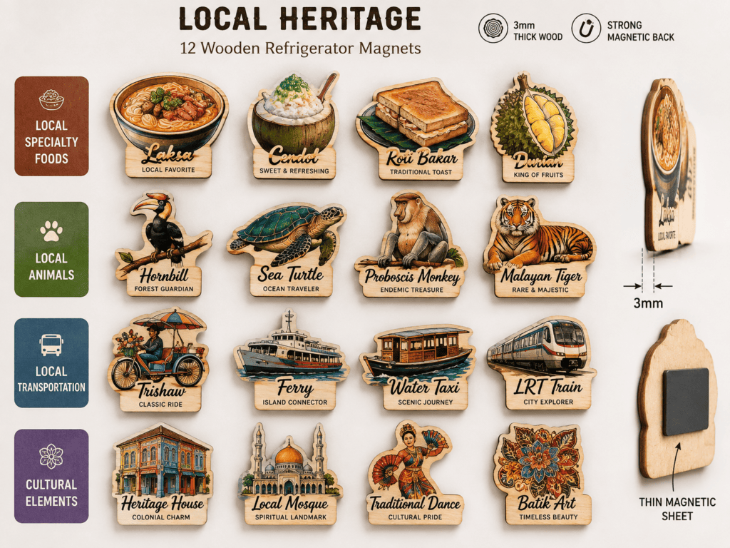 Custom wooden tourism souvenir magnets with landmarks maps and local culture